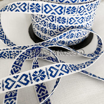 Folk art ribbon 11mm  hearts blue on white 1241-4
