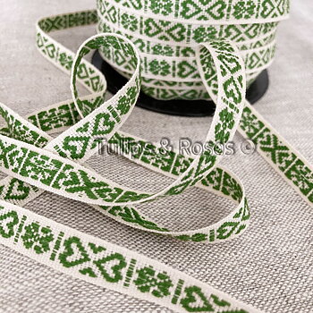 Folk art ribbon 11 mm hearts green on unbleached white 1241-14