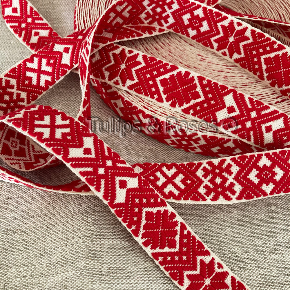 Folk art ribbon 25 mm red on unbleached white 1205-25-1