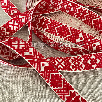 Folk art ribbon 25 mm red on unbleached white 1205-25-1