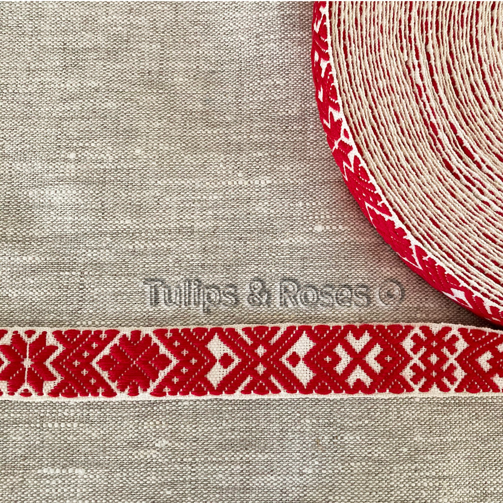 Folk art ribbon 25 mm red on unbleached white 1205-25-1 - 3