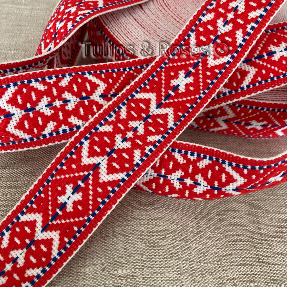 Folk art ribbon 40 mm red  and blue on white 1492-1
