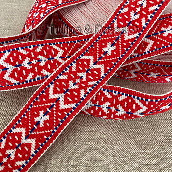 Folk art ribbon 40 mm red  and blue on white 1492-1