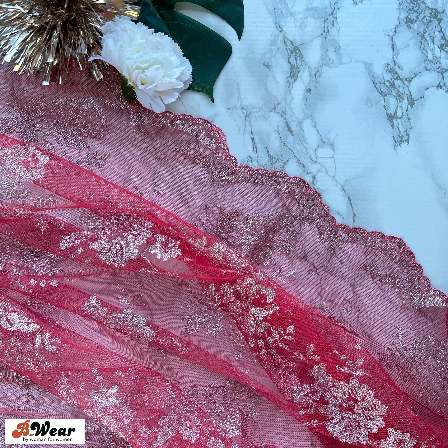 Raspberry non stretch Lace with silver thread