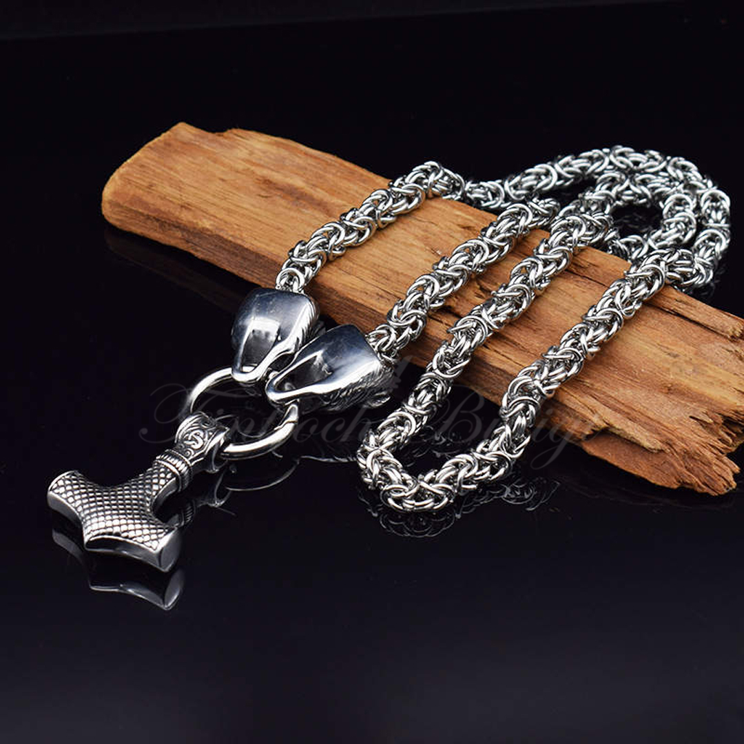 Necklace Giant Valknut Wolfhead Steel - Viking Thor's Hammer King's Link  - 5