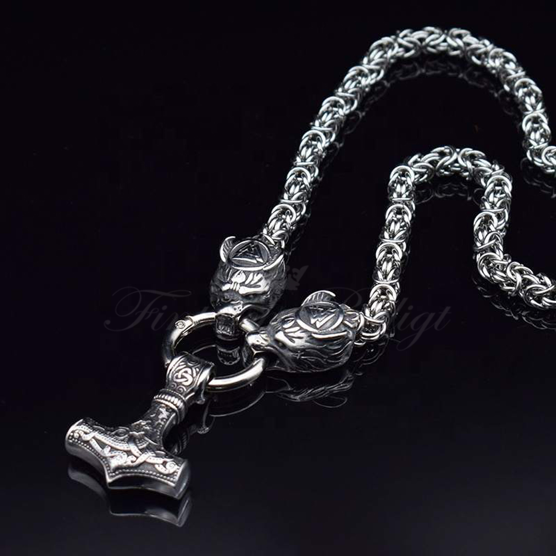 Necklace Giant Valknut Wolfhead Steel - Viking Thor's Hammer King's Link  - 6