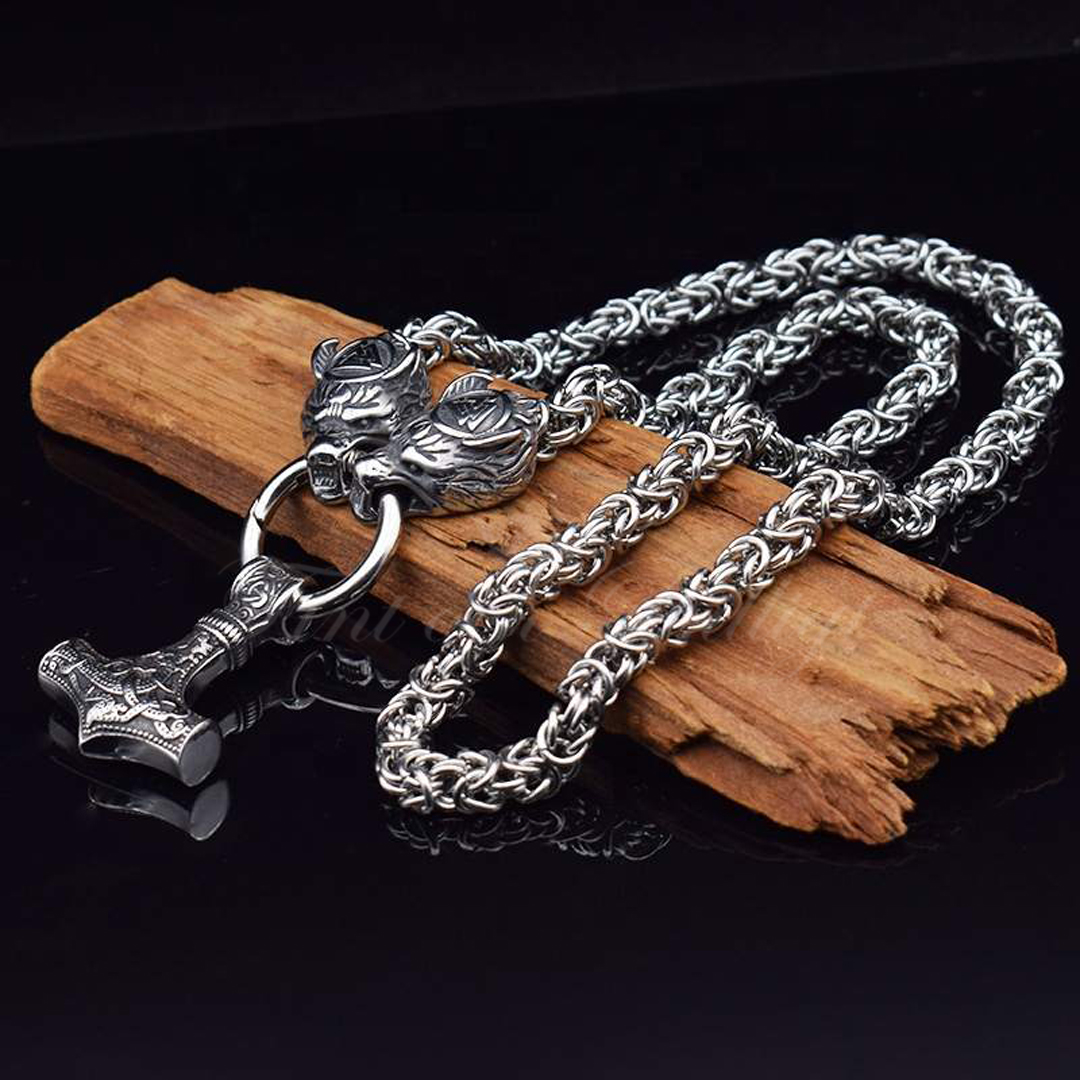 Necklace Giant Valknut Wolfhead Steel - Viking Thor's Hammer King's Link  - 4