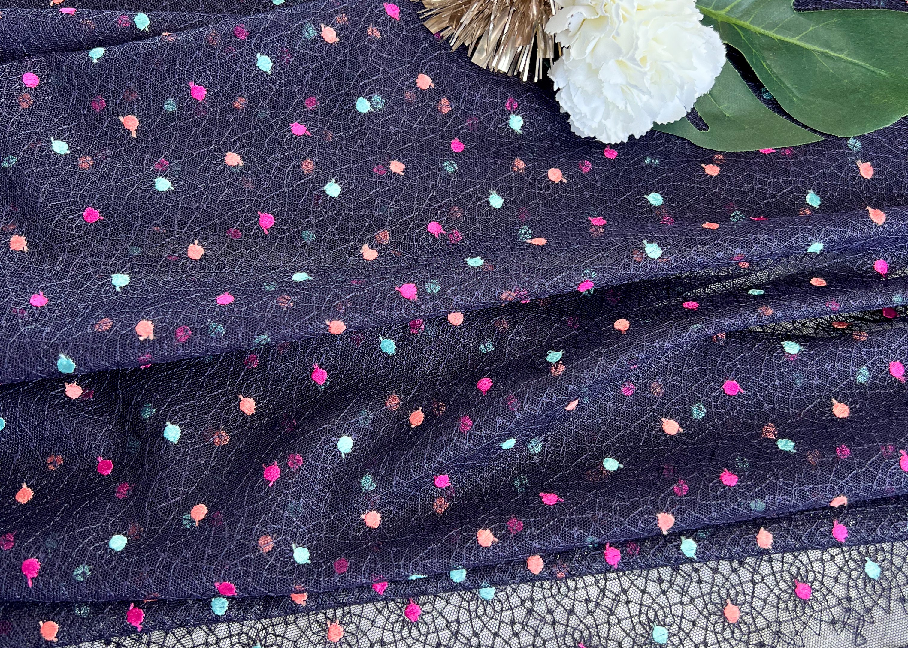 Darkblue with lovely colourful dots - non stretch on full width