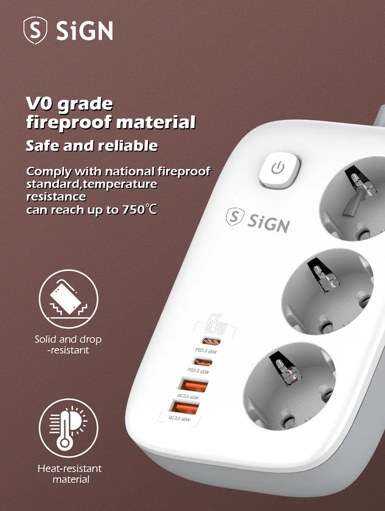 SiGN 65W GaN snabbladdning grenuttag 3-vägs/2x USB-A/2x USB-C, 2m - Vit - 5