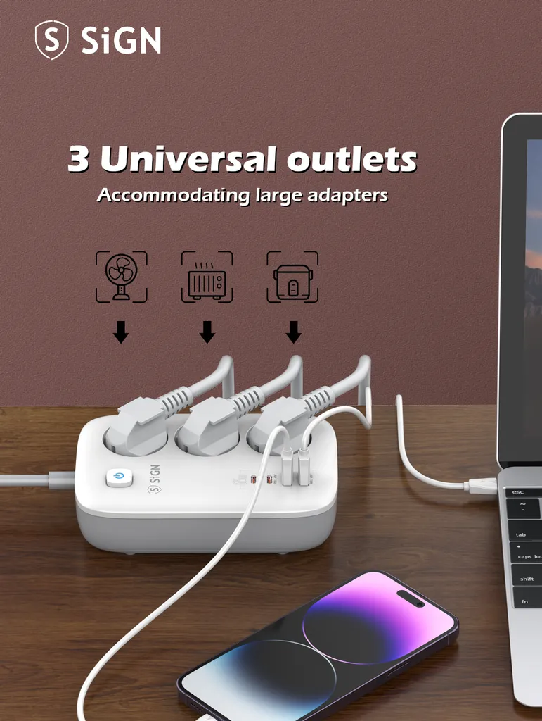 SiGN 65W GaN snabbladdning grenuttag 3-vägs/2x USB-A/2x USB-C, 2m - Vit - 6