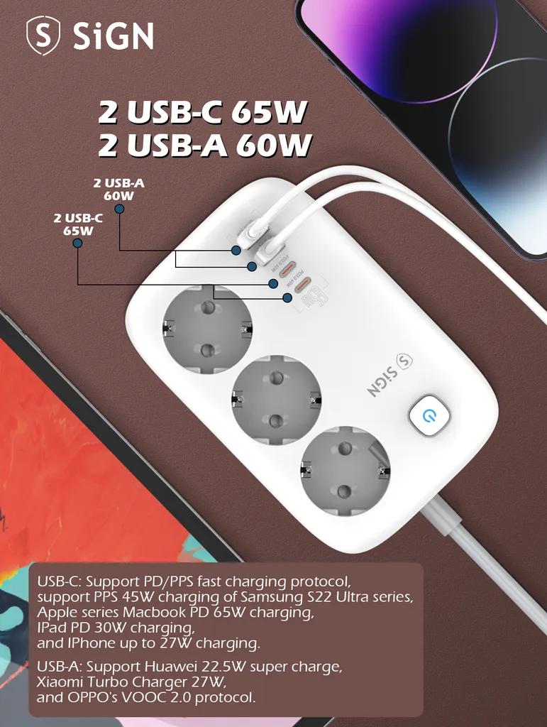SiGN 65W GaN snabbladdning grenuttag 3-vägs/2x USB-A/2x USB-C, 2m - Vit