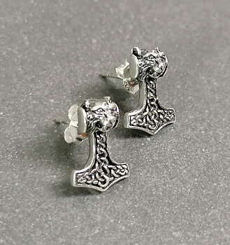 Silver Torshammare (Mjölnir)  stiftörhänge med Varghuvud