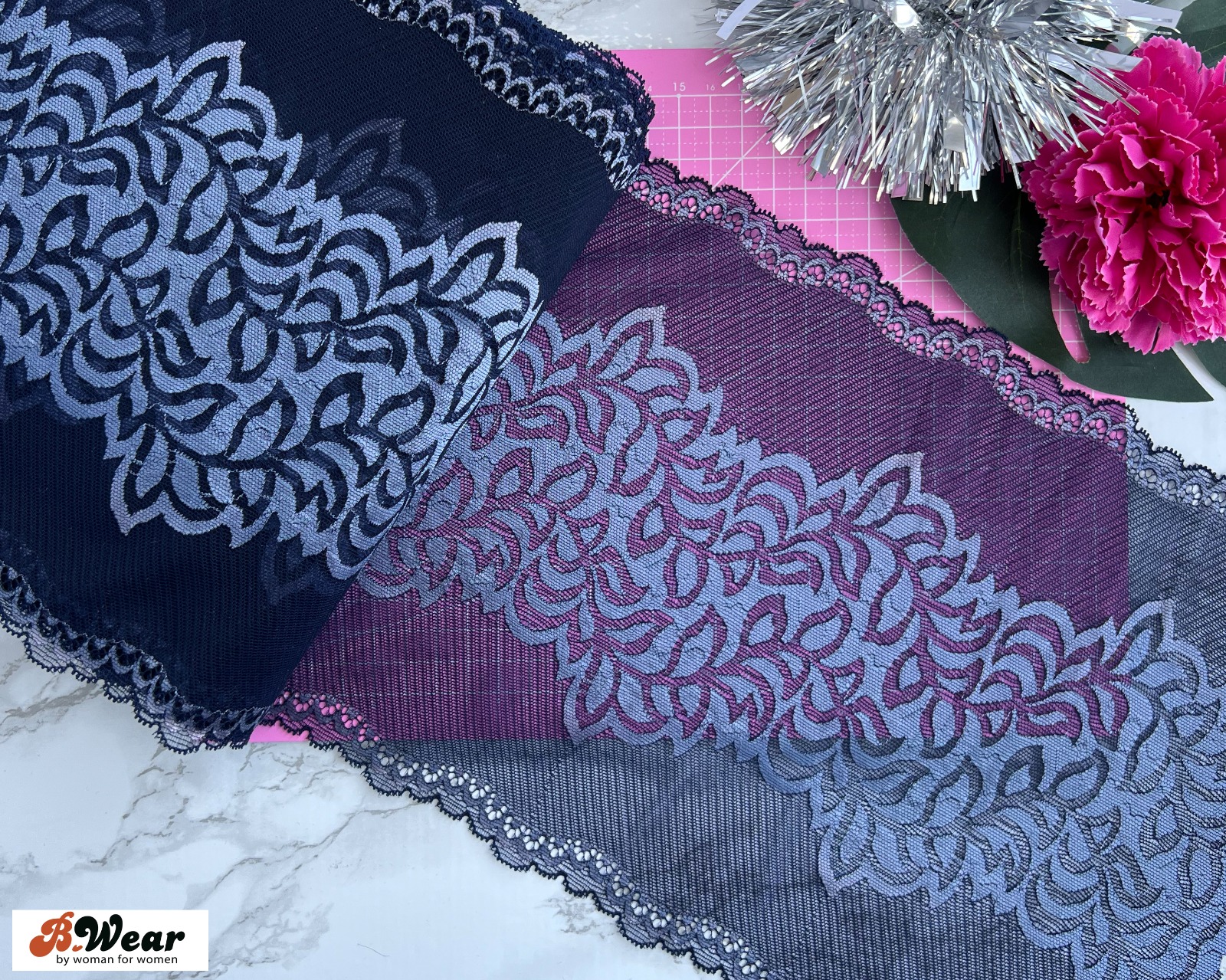 Darkblue stretch lace with lightblue decorations 