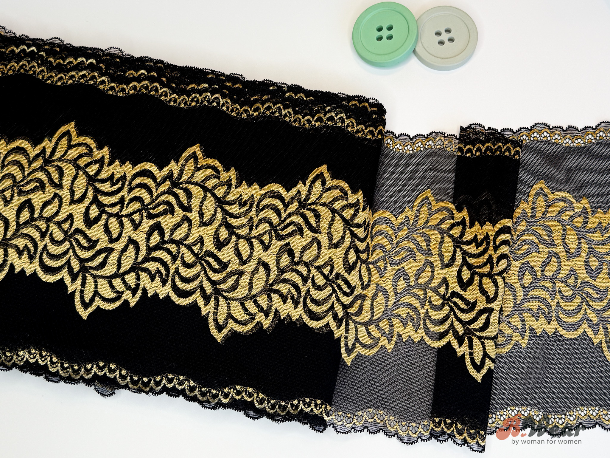 Black stretch lace with goldenyellow decorations 