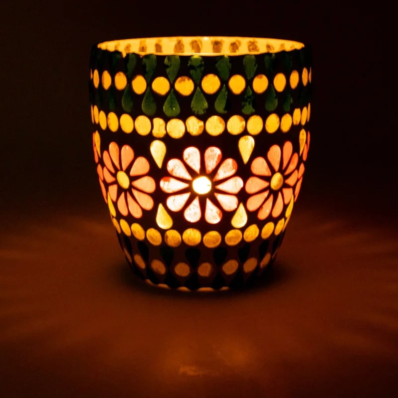 Mosaik ljuslykta i Glas och Keramik - Gul/Grön - 3