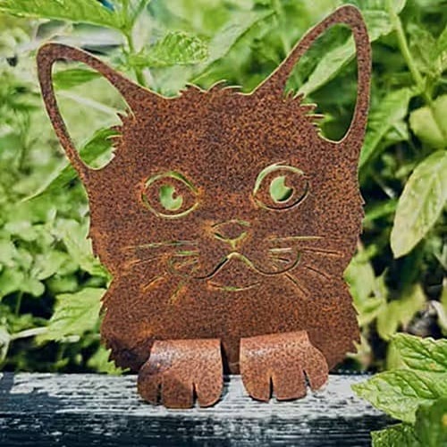 Katt dekoration i rost, stick för kruka