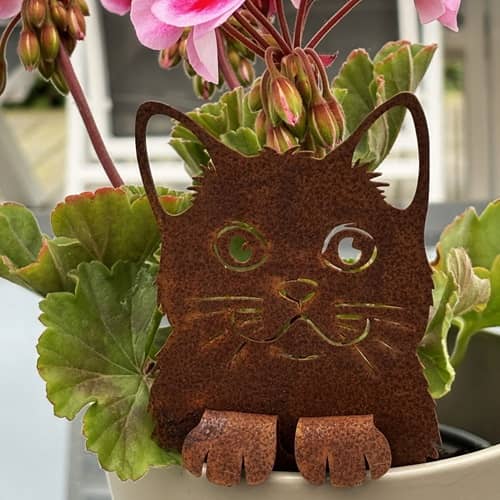 Katt dekoration i rost, stick för kruka - 2