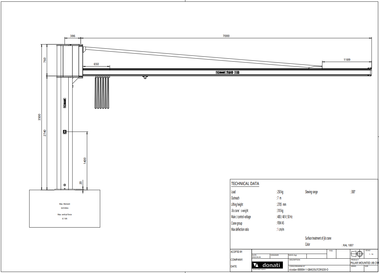 Pelarsvängkran Donati 250 kg / 6 m armlängd - 2