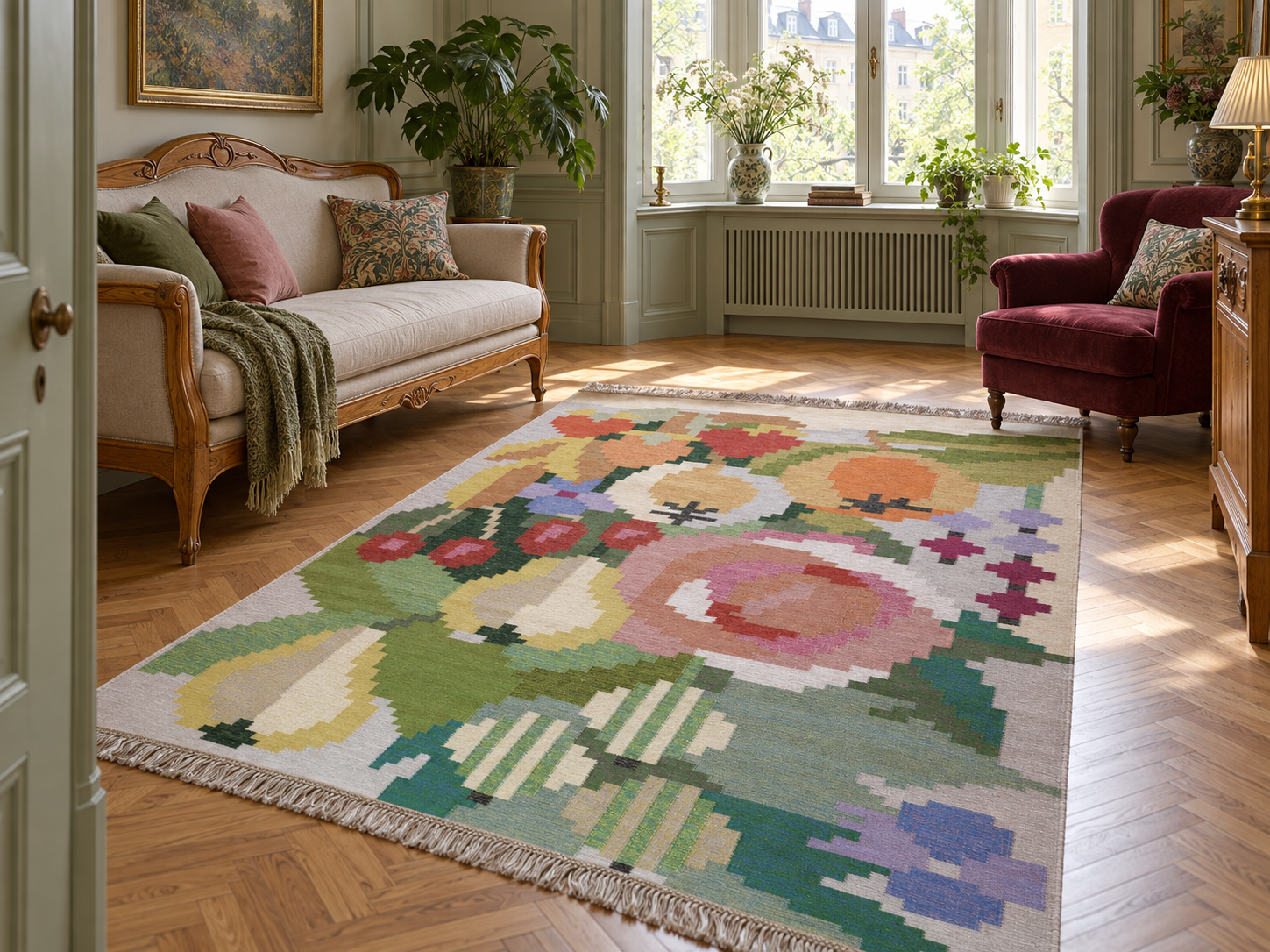 Röllakan Fruitgarden från Axeco placerad under en modern soffgrupp i ett ljust vardagsrum med milda gröna väggar