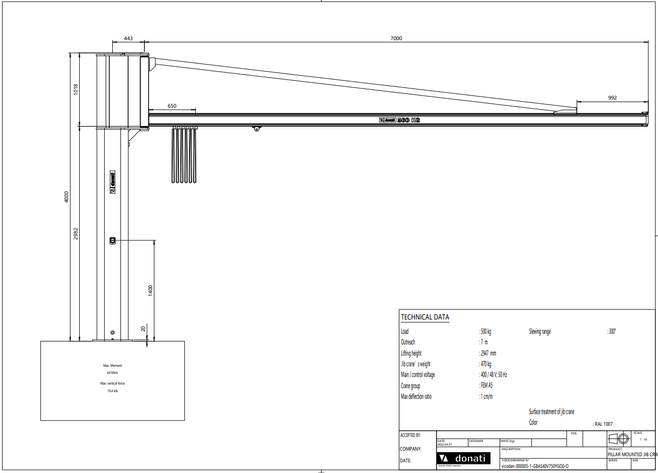 Pelarsvängkran Donati 500 kg / 7 m armlängd - 2