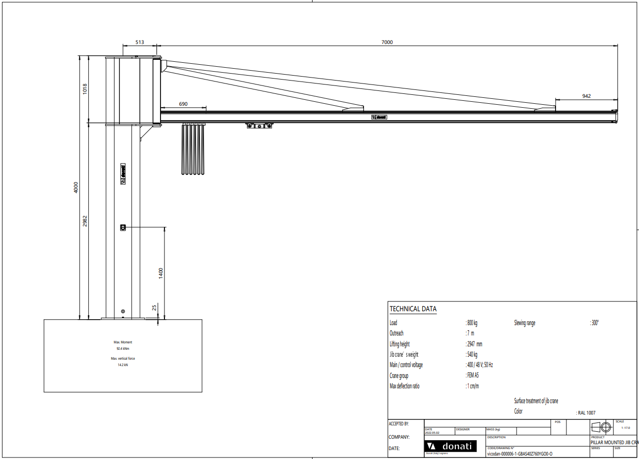 Pelarsvängkran Donati 800 kg / 7 m armlängd - 2