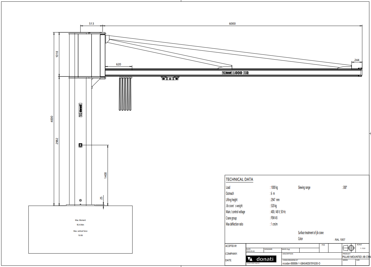 Pelarsvängkran Donati 1000 kg / 6 m armlängd - 2