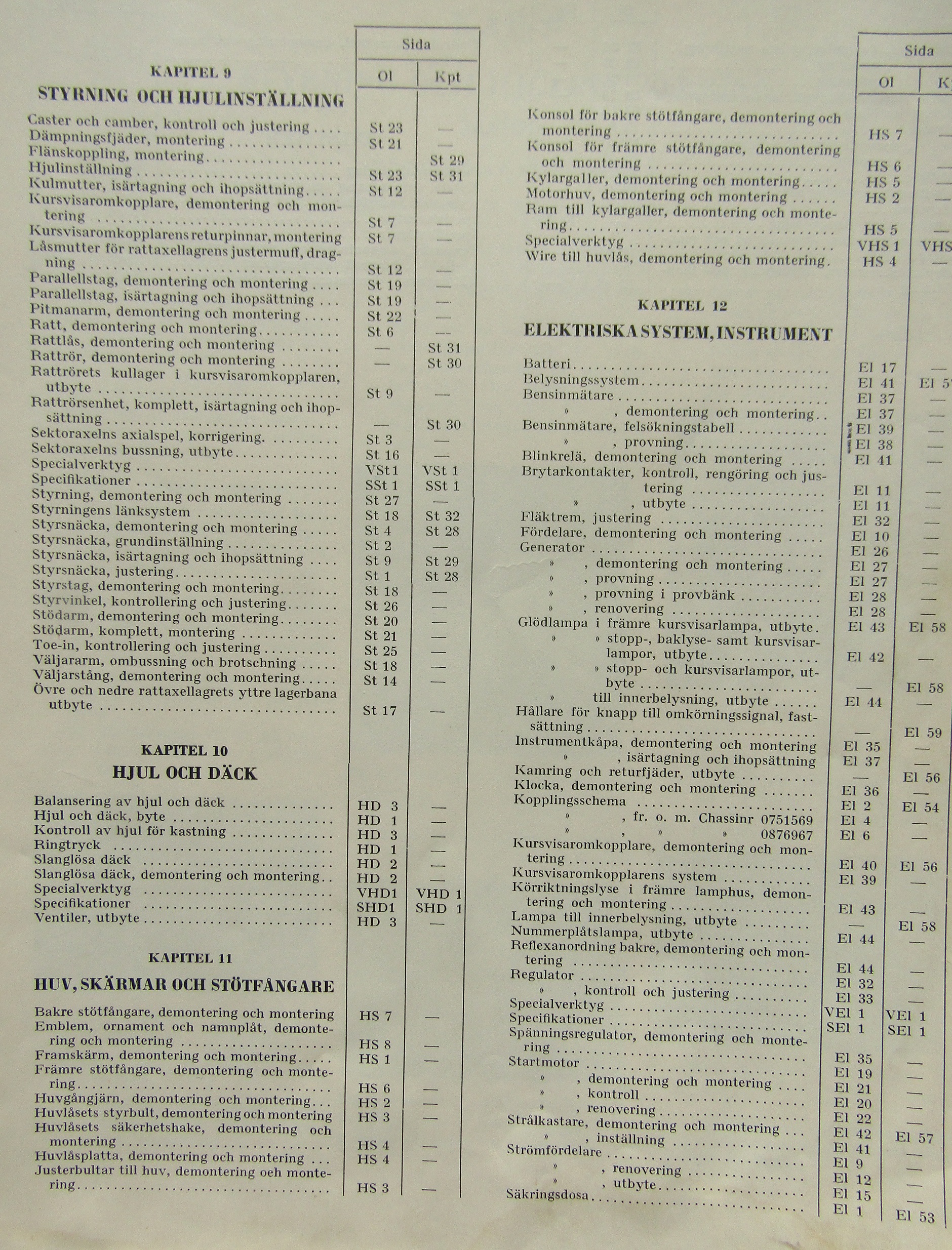1958 - 1959 Opel Kapitän-Olympia Servicehandbok kap 9-13  på svenska - 2