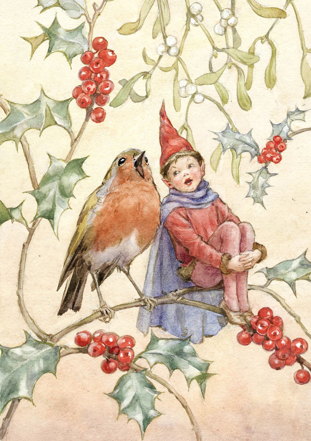Fairy Land Xmas fairy and robin singing, Greeting Card