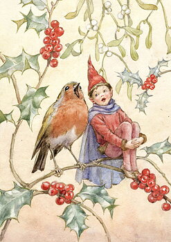 Fairy Land Xmas fairy and robin singing, Greeting Card