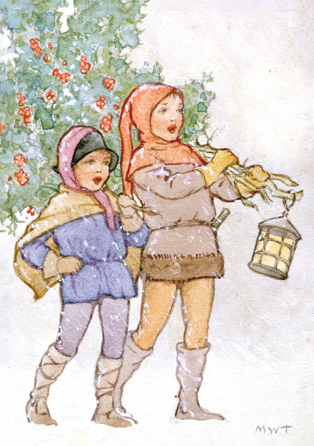 Golden Days Xmas singing children carrying tree, Greeting Card