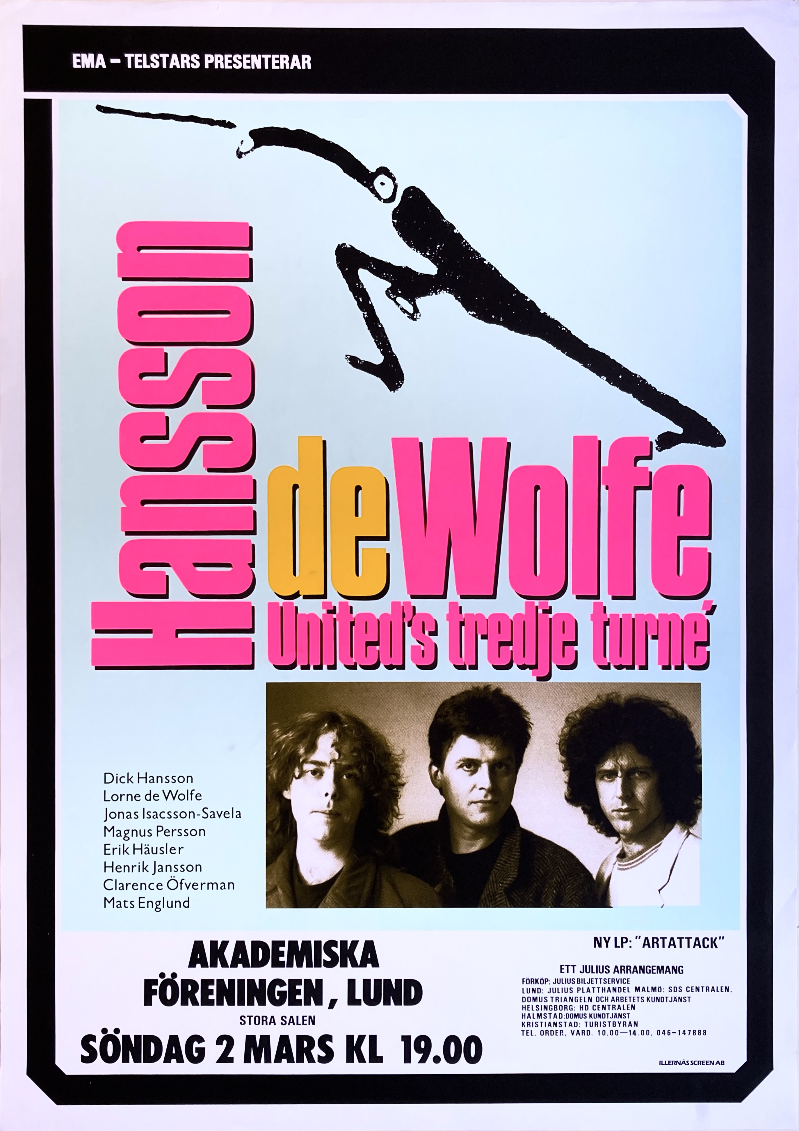 HANSSON DE WOLFE UNITED - Lund 2 Mar Konsertaffisch (1986) 