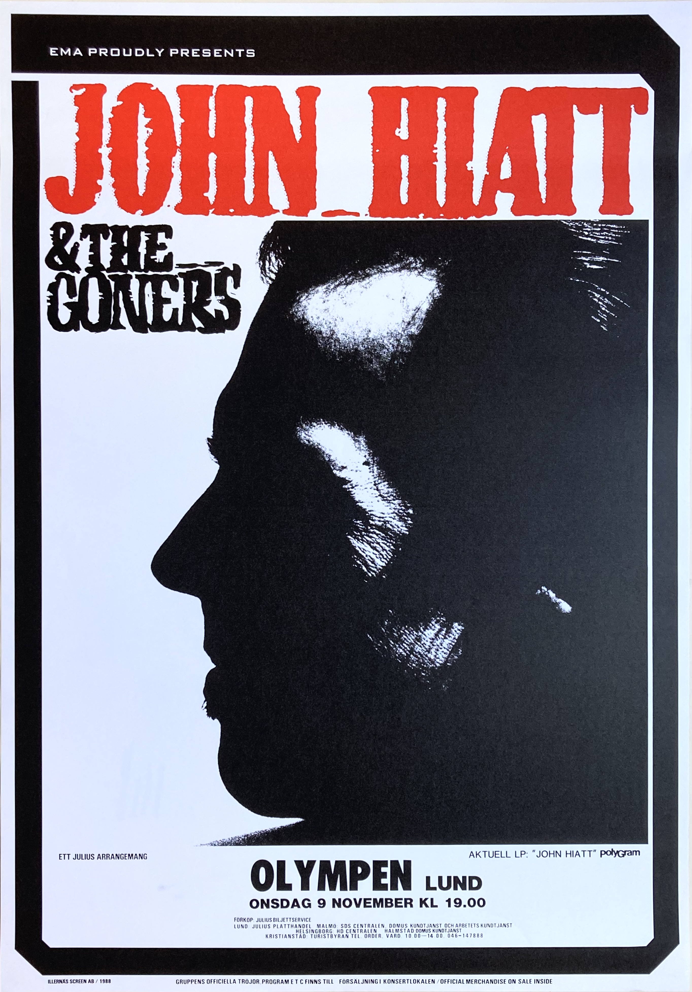 JOHN HIATT - Lund 9 Nov Konsertaffisch (1988) 