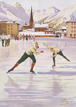 Skaters Racing on the Ice Rink at Davos, Postcard