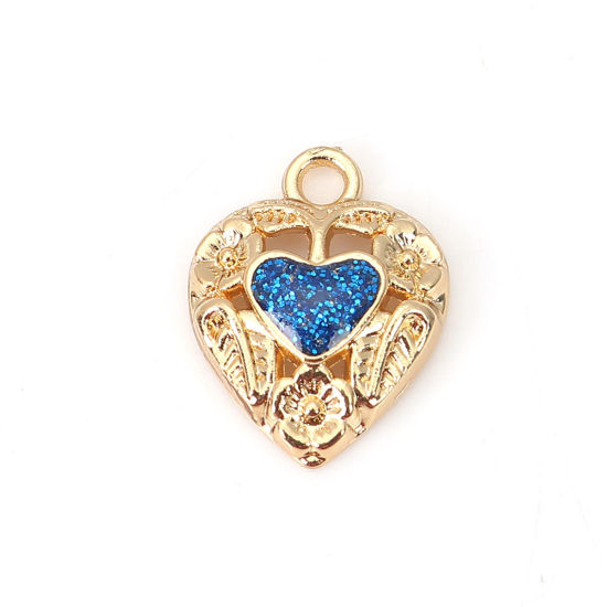 Charm ,  Enameld  gold flower, blue glitter