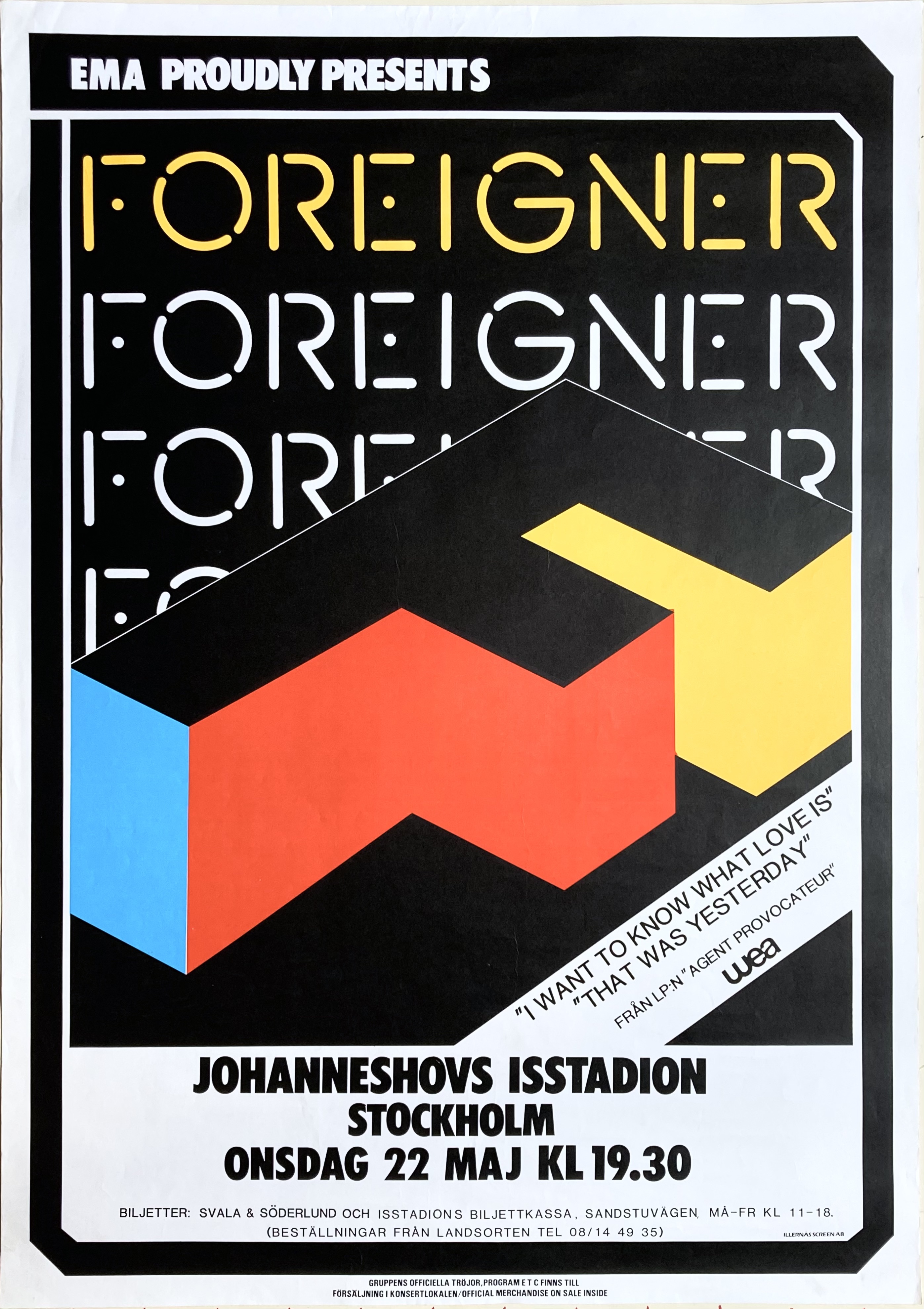 Nostalgipalatset - FOREIGNER - Stockholm 22 Maj Concert poster (1985)