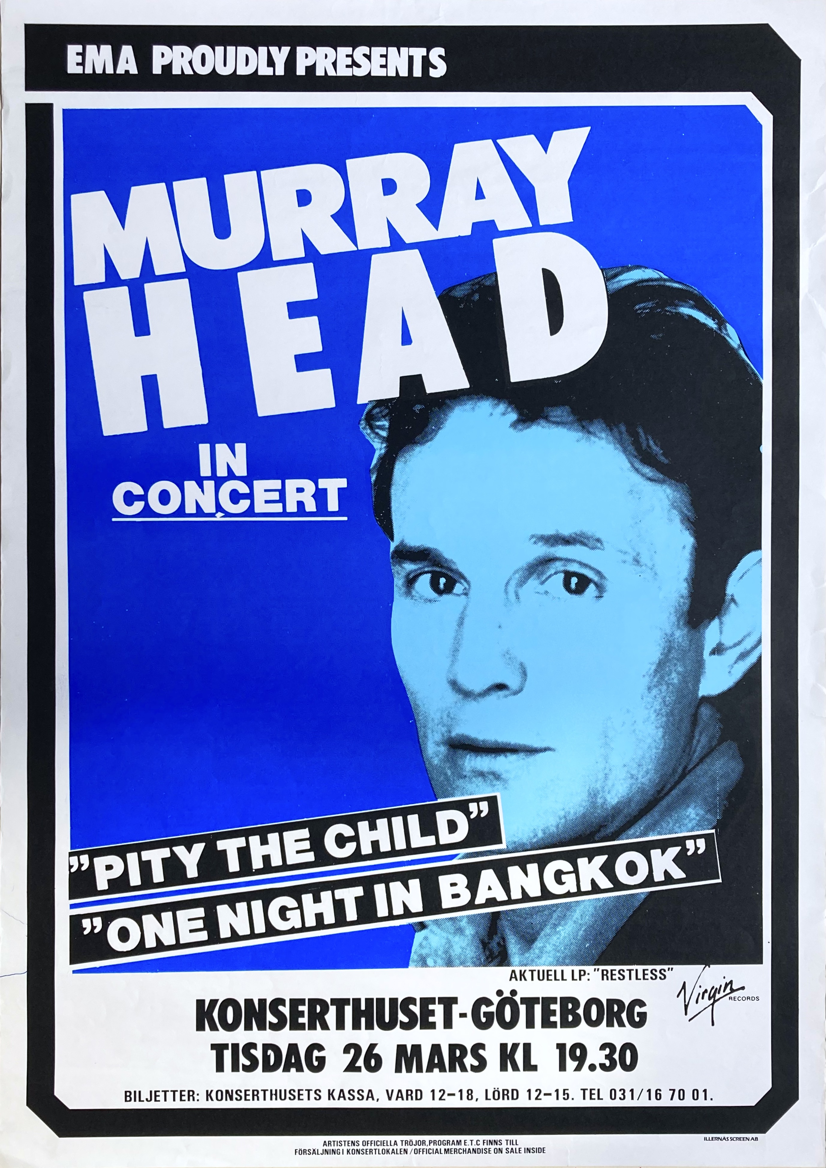MURRAY HEAD - Göteborg 26 Mar Konsertaffisch (1985)