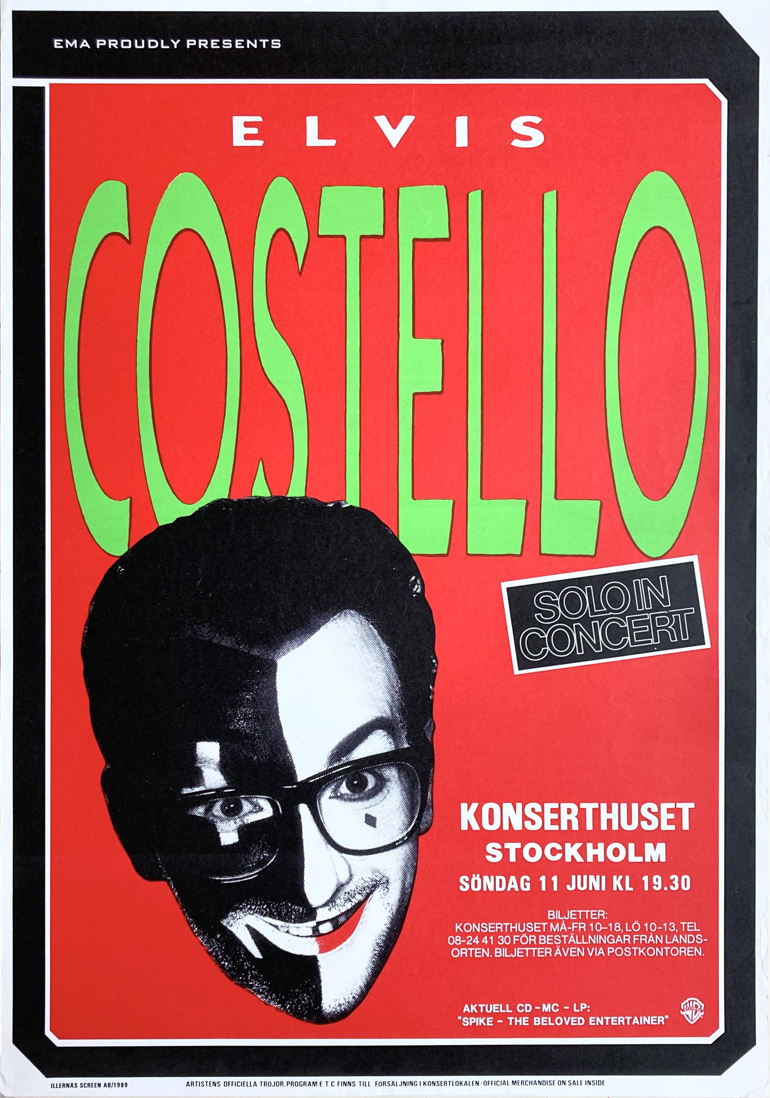 ELVIS COSTELLO - Stockholm 11 Jun Konsertaffisch (1989)