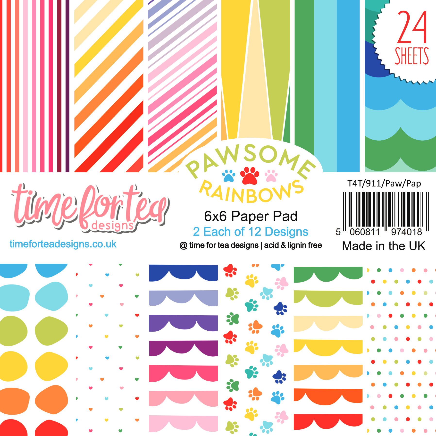 TIME FOR TEA DESIGNS-Pawsome Rainbows 6x6 Inch Paper Pack 