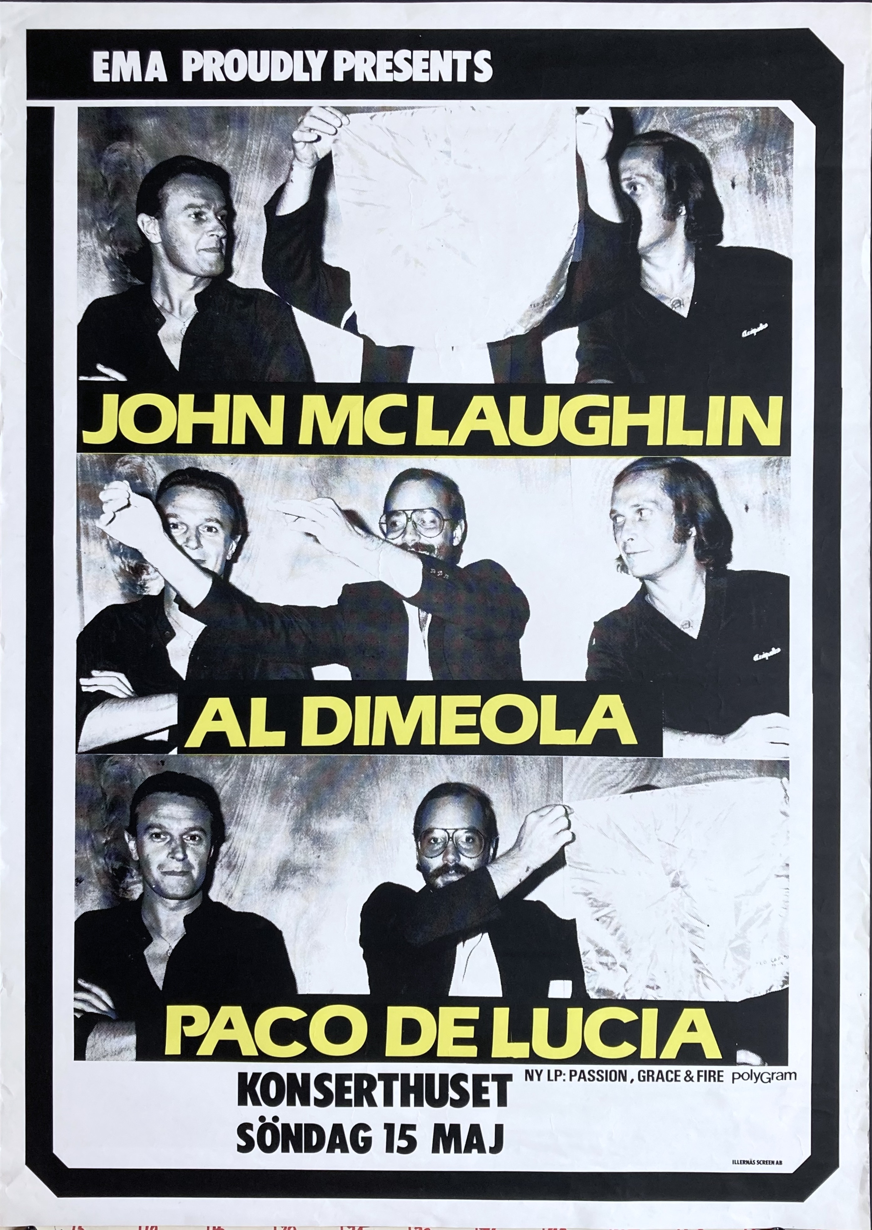 JOHN MCLAUGHLIN, AL DI MEOLA & PACO DE LUCIA - Stockholm 15 May Concert poster (1983)