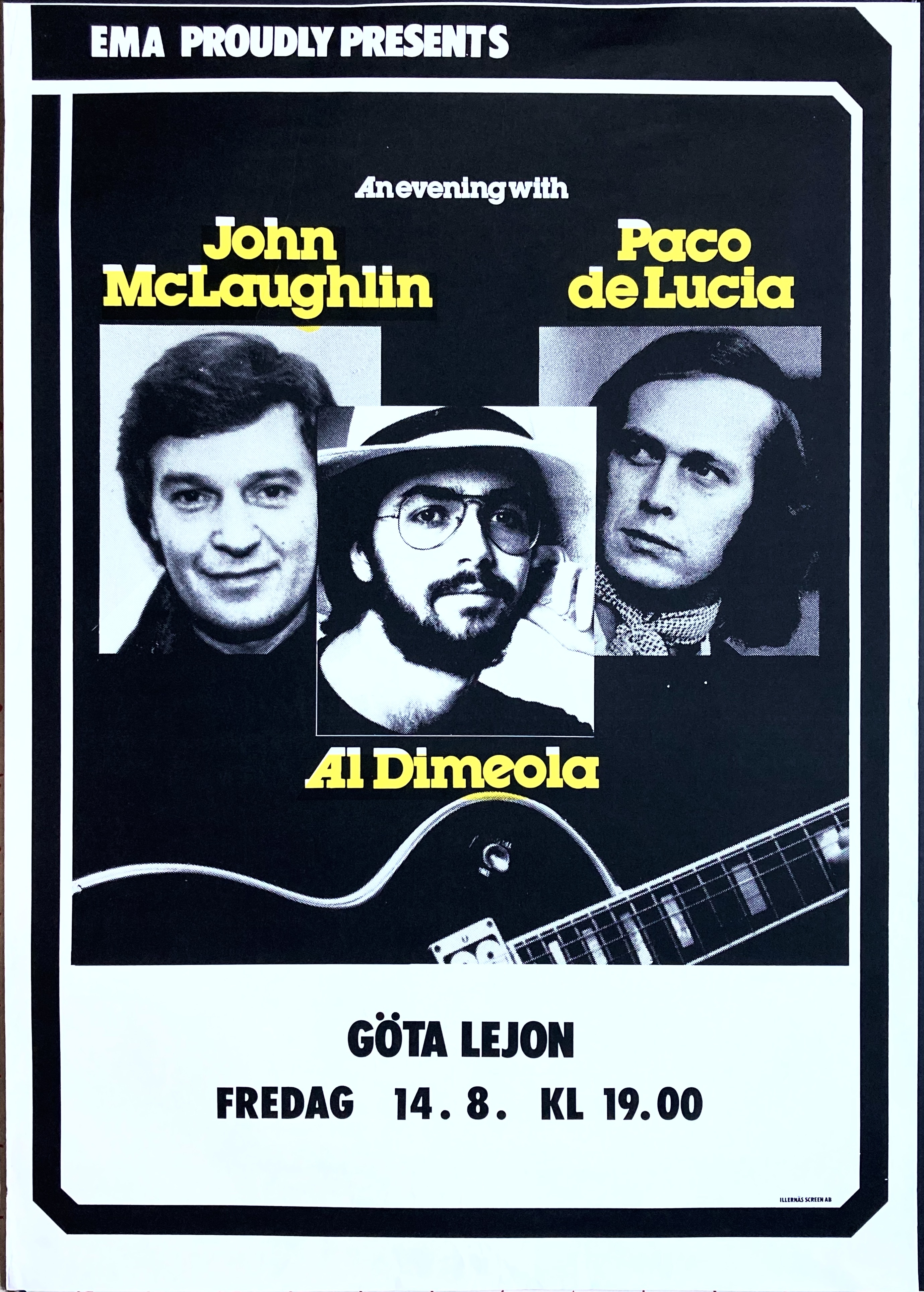 JOHN MCLAUGHLIN, AL DI MEOLA & PACO DE LUCIA - Stockholm 14 Aug Konsertaffisch (1981)