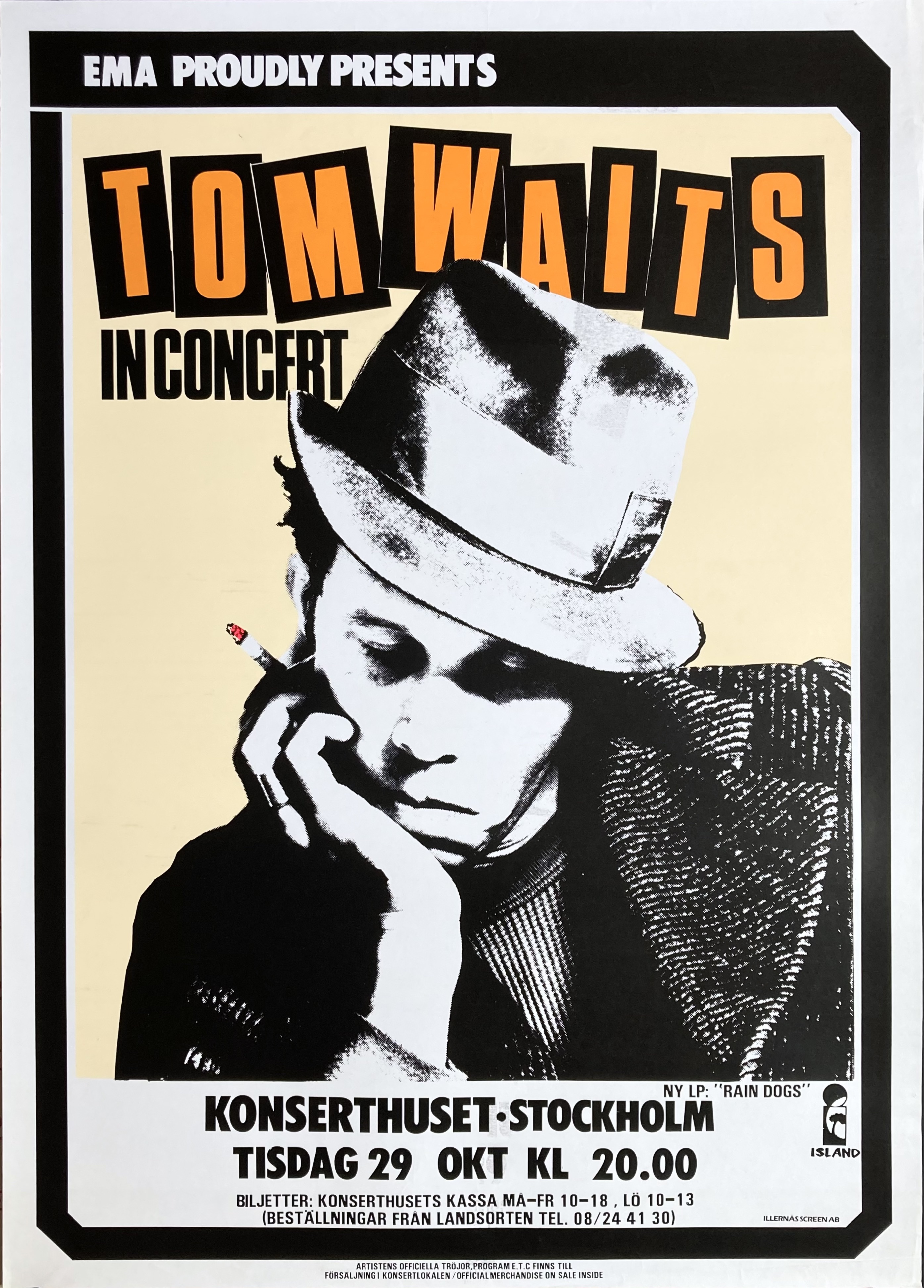 TOM WAITS - Stockholm 29 Okt Konsertaffisch (1985)