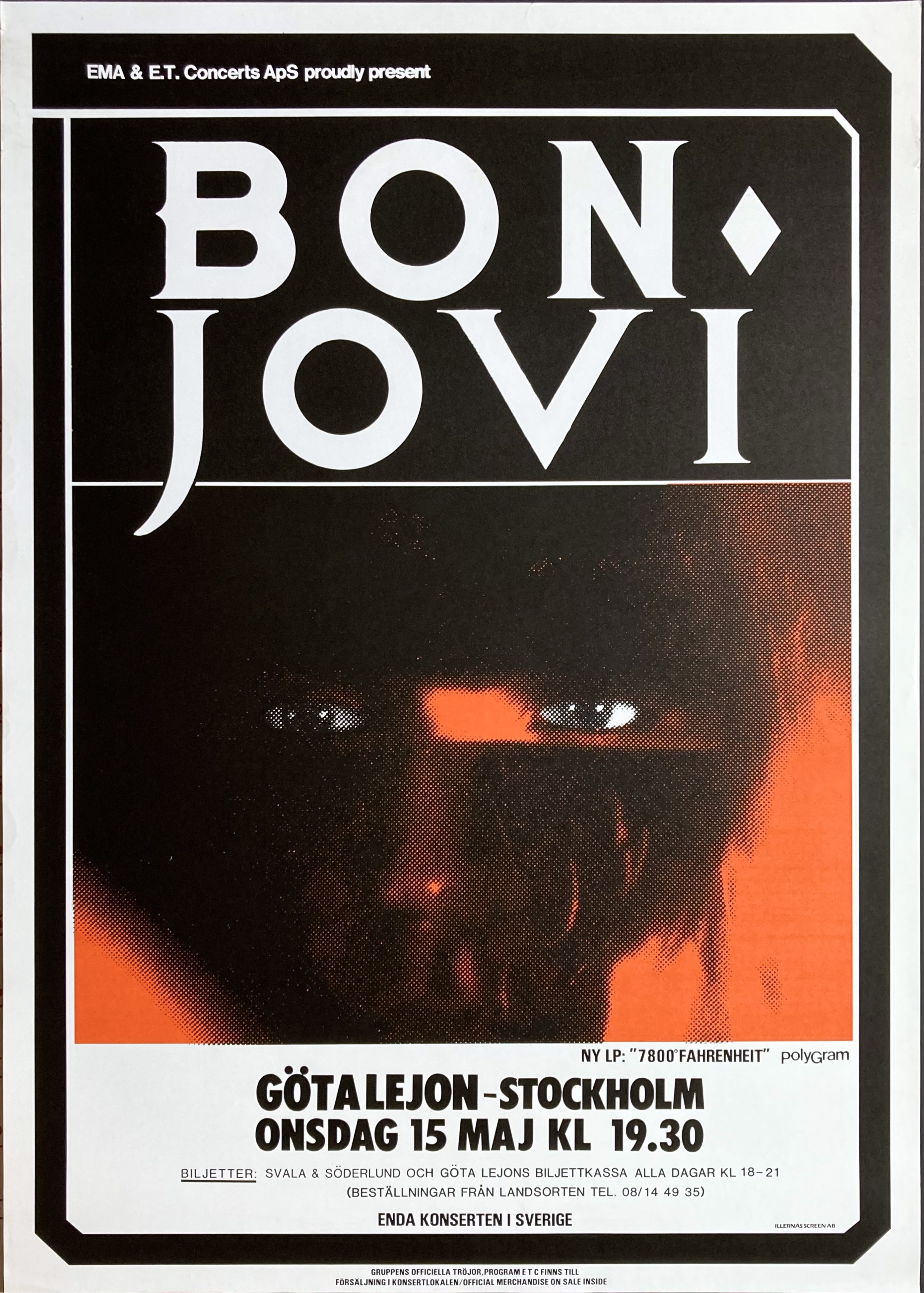 BON JOVI - Stockholm 15 Maj Konsertaffisch (1985)
