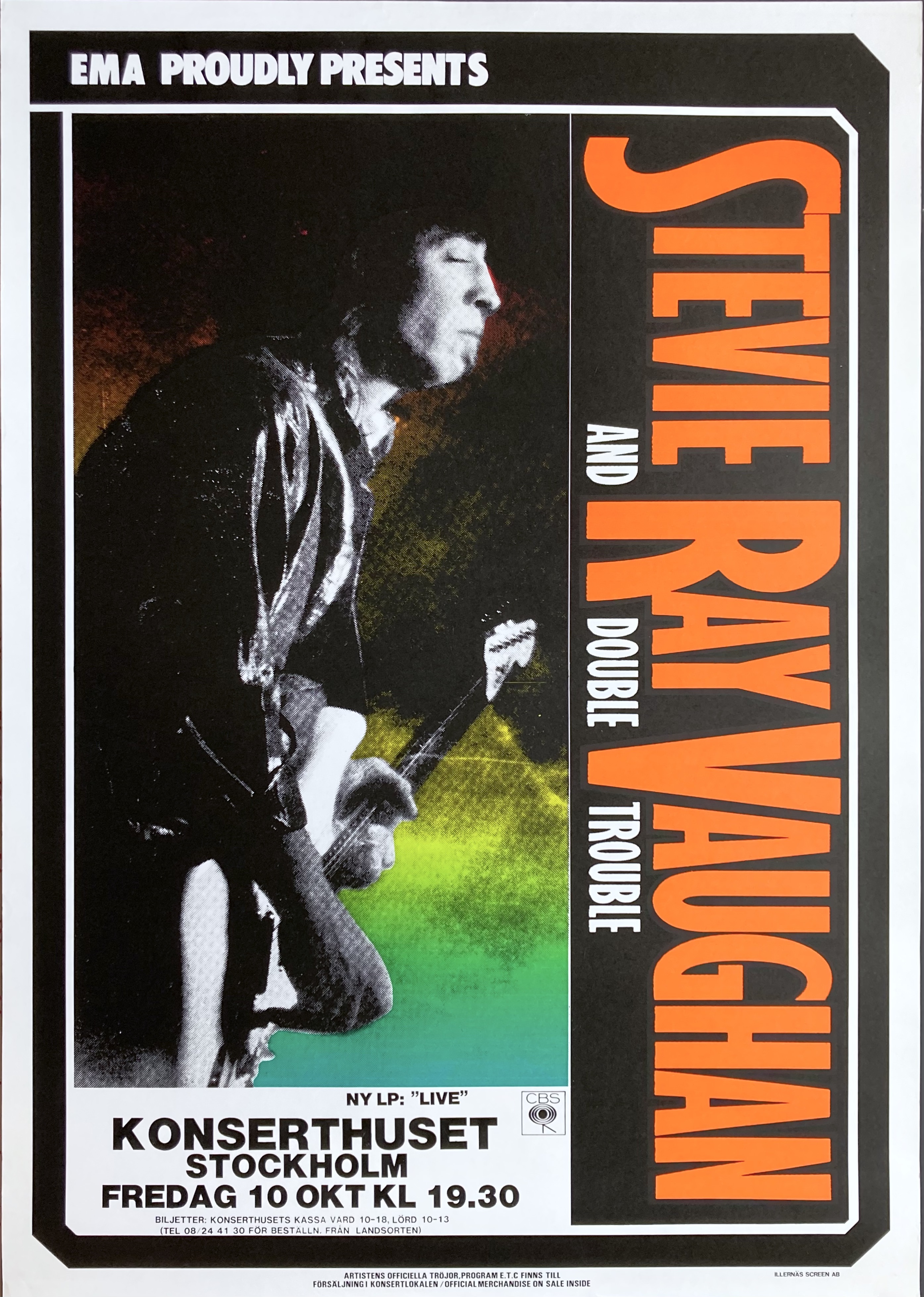 STEVIE RAY VAUGHAN - Stockholm 10 Okt Konsertaffisch (1986)