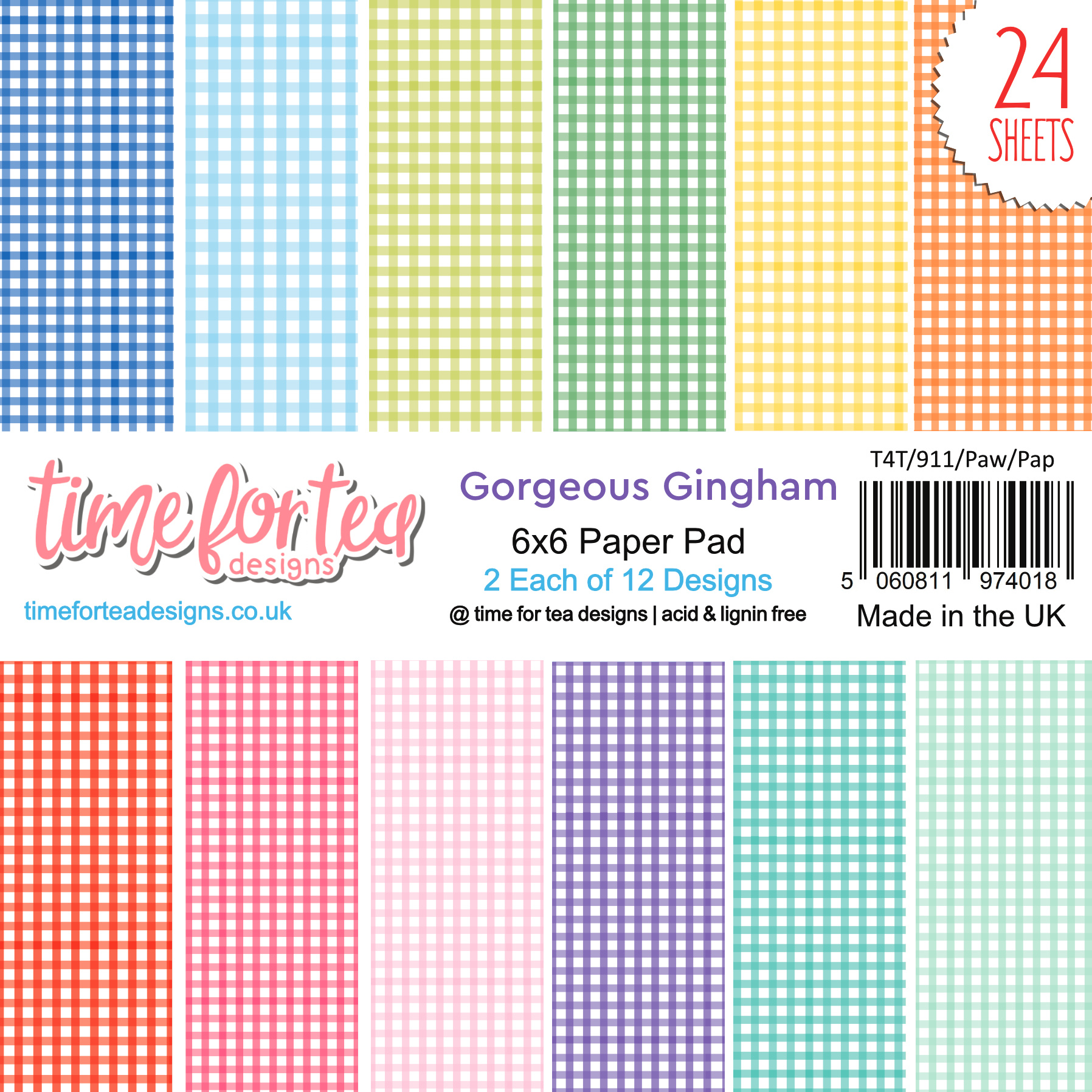  TIME FOR TEA DESIGNS-Gorgeous Gingham Rainbow 6x6 Inch Paper Pack 