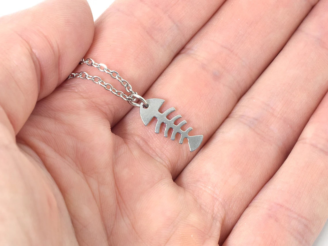 Fiskskelett Halsband i Rostfritt Stål,  Hav Hänge, Skelett Accessoar, Död Fisk Smycke - 3