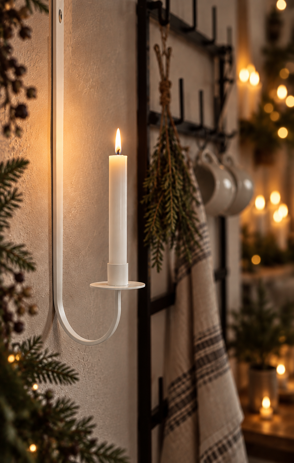 Handmade Wall Candle Holder - Candle Lamp - White - Wrought Iron - 56 cm