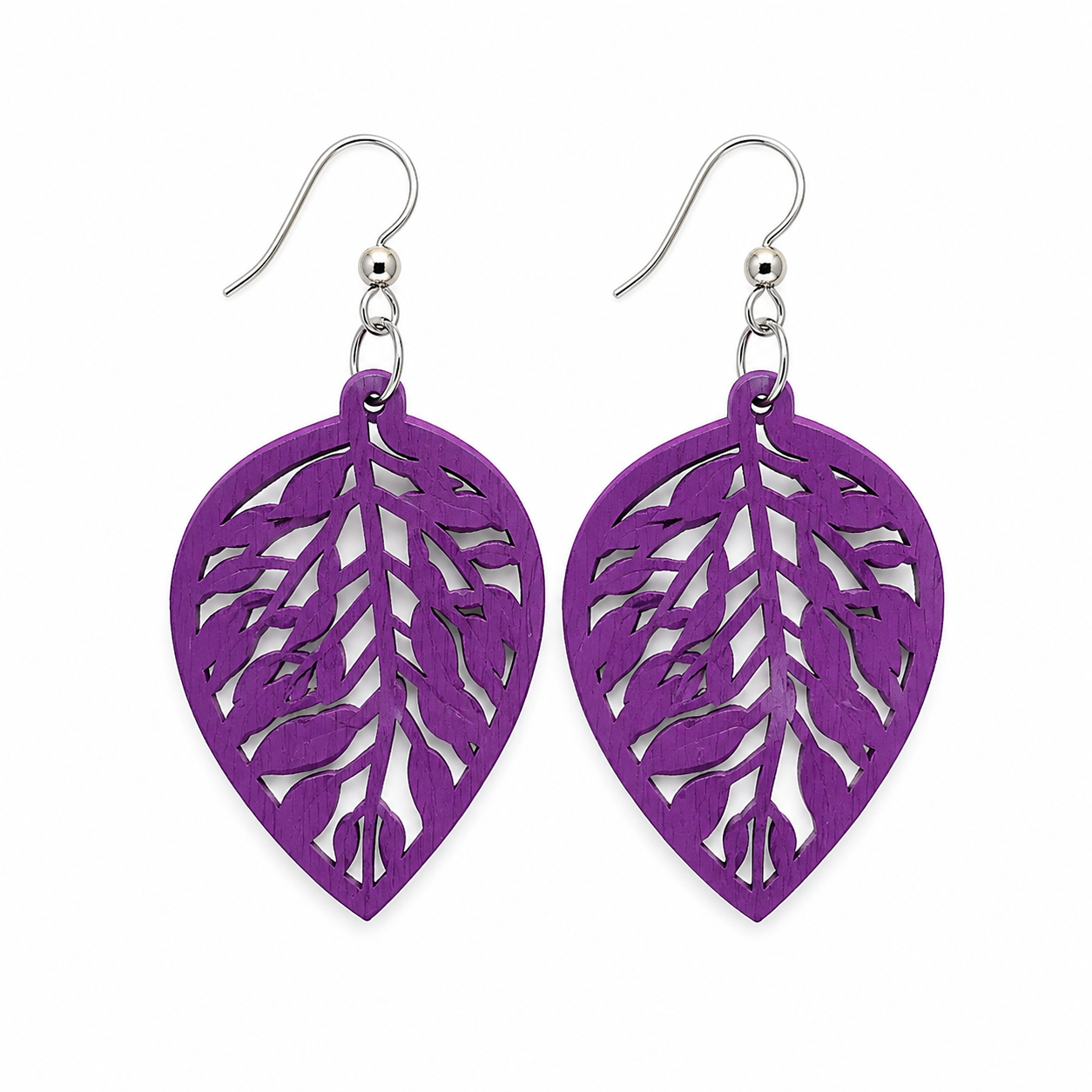 Earrings Purple Wooden leafs