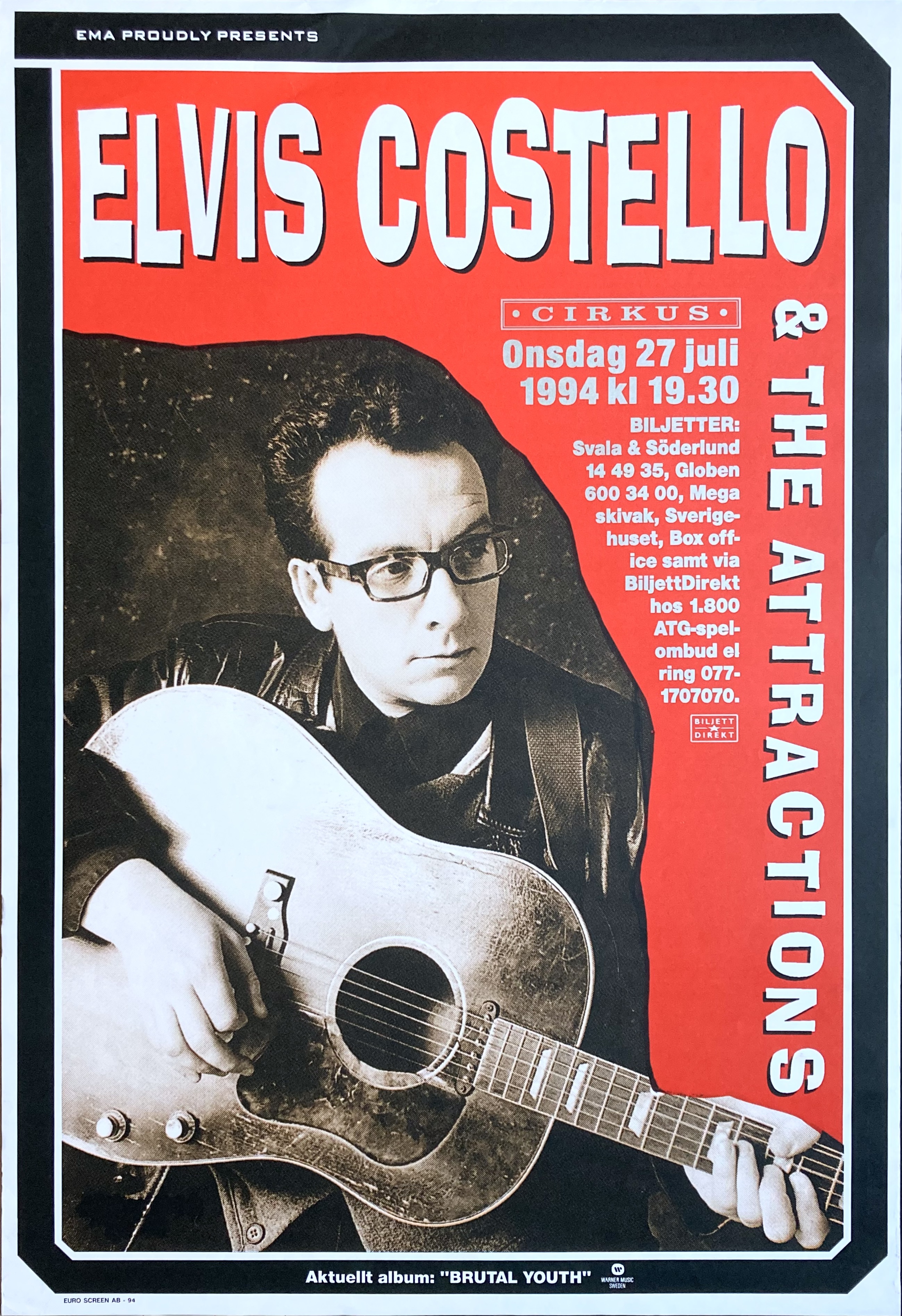 ELVIS COSTELLO - Stockholm 27 Jul Konsertaffisch (1994)