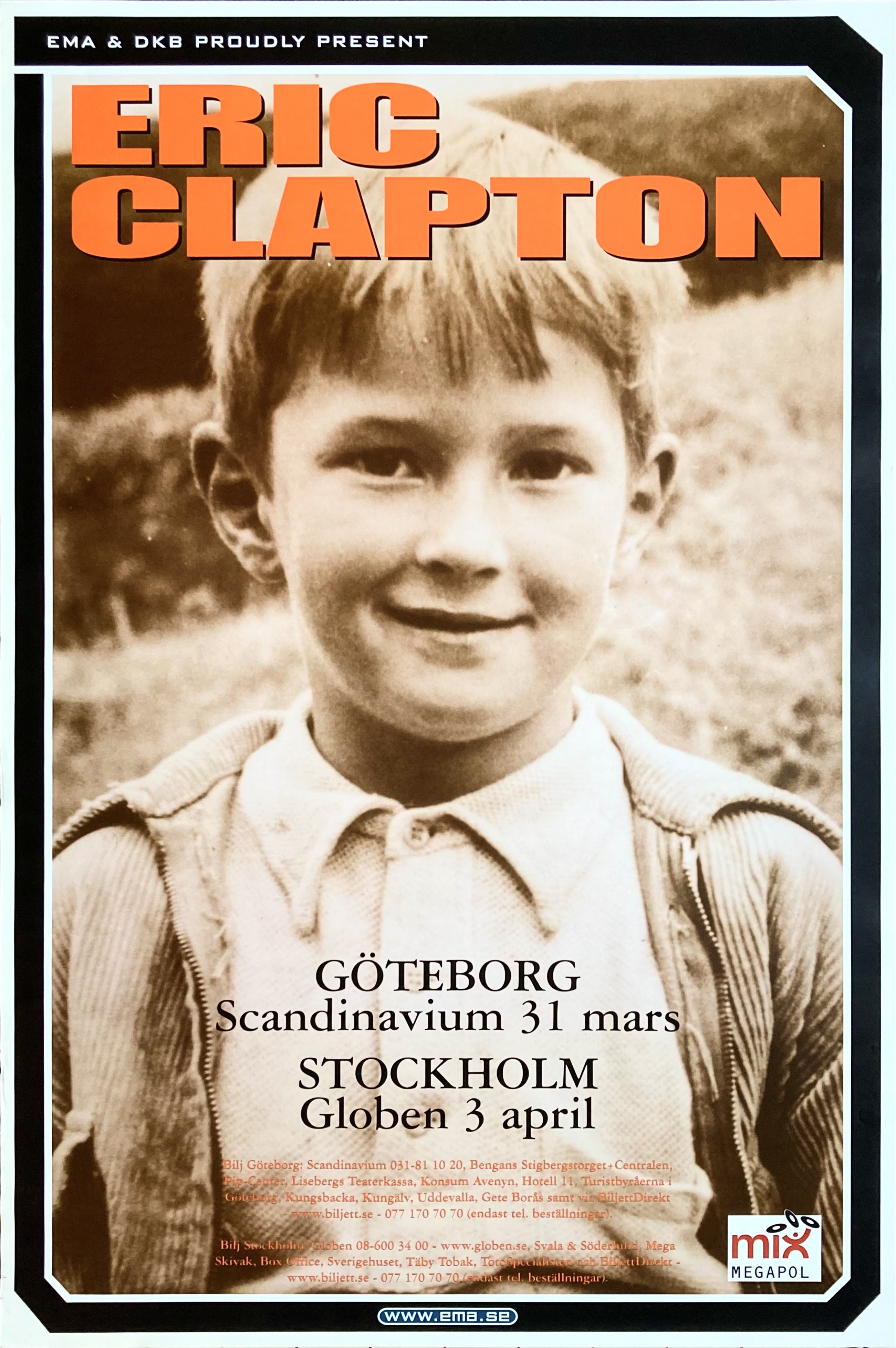 ERIC CLAPTON - Göteborg + Stockholm 31 Mar + 3 Apr Konsertaffisch (2001)