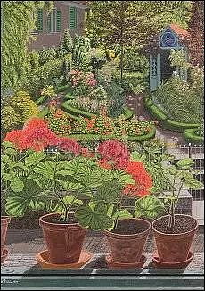 Garden and Geraniums at the Window 1933 - vykort